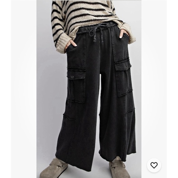 easel Pants - Easel Womens Utility Mineral Washed Wide Leg Terry Knit Cargo Pant Black Large